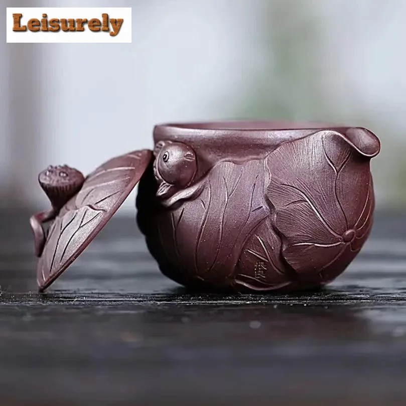 250ml Ancient Yixing Purple Clay Teapots Handmade Lotus Leaf Goldfish Hand Grab Pot Raw Ore Purple Mud Kettle Zisha Tea Set Tea