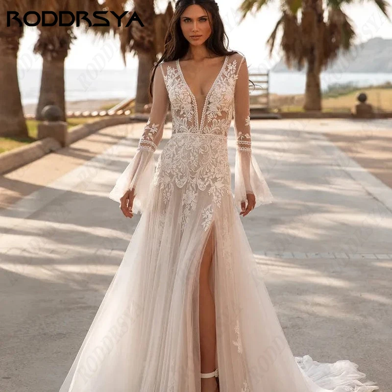 

RODDRSYA V-Neck Flare Sleeve Wedding Dress For Women High Split Appliques Vestido De Noiva A-line Illusion Lace Bride Gowns