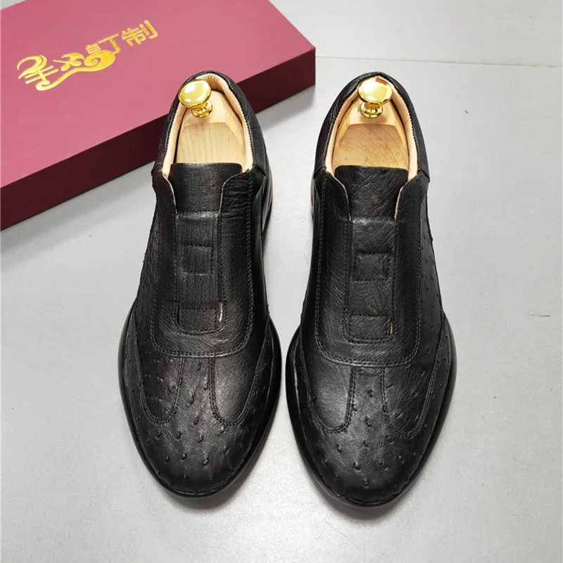 

All-match Authentic Real True Ostrich Skin Men's Casual Soft Black Sneakers Genuine Exotic Leather Male Slip-up Walking Flats
