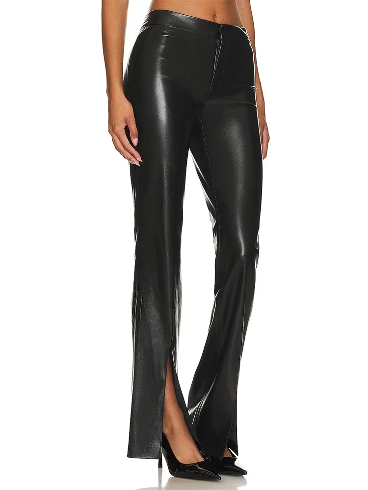 Faux Leather Pants for Women, High Waist, Vintage, PU Flare Pants, Hem Split, Stretch Trousers, Streetwear Leggings, Custom