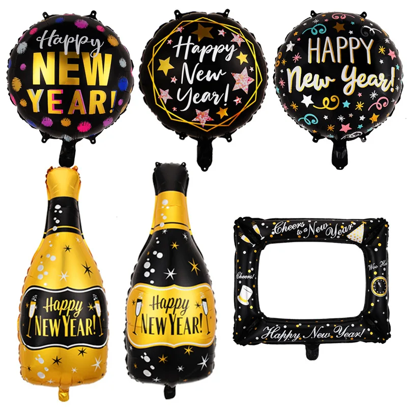 

2024 Happy New Year Round Aluminum Film Balloons Wine Bottle Photo Frame Balloon Party Decoration Arrangement Ballons Baloon