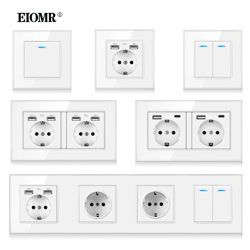 Eiomr eu Padrão 16a Painel de Vidro de Cristal Temperado Tomada de Parede Tomada de Energia Plugue Elétrico com Usb 5v 2100ma Ac110250v Branco