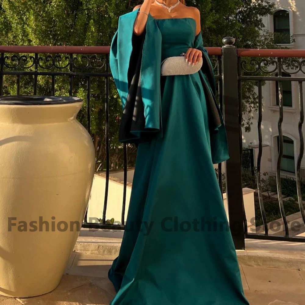

Simple Satin Prom Gown Off The Shoulder Strapless Draped Saudi Arabian Women Classic Brush Train Formal Occasion Dresses