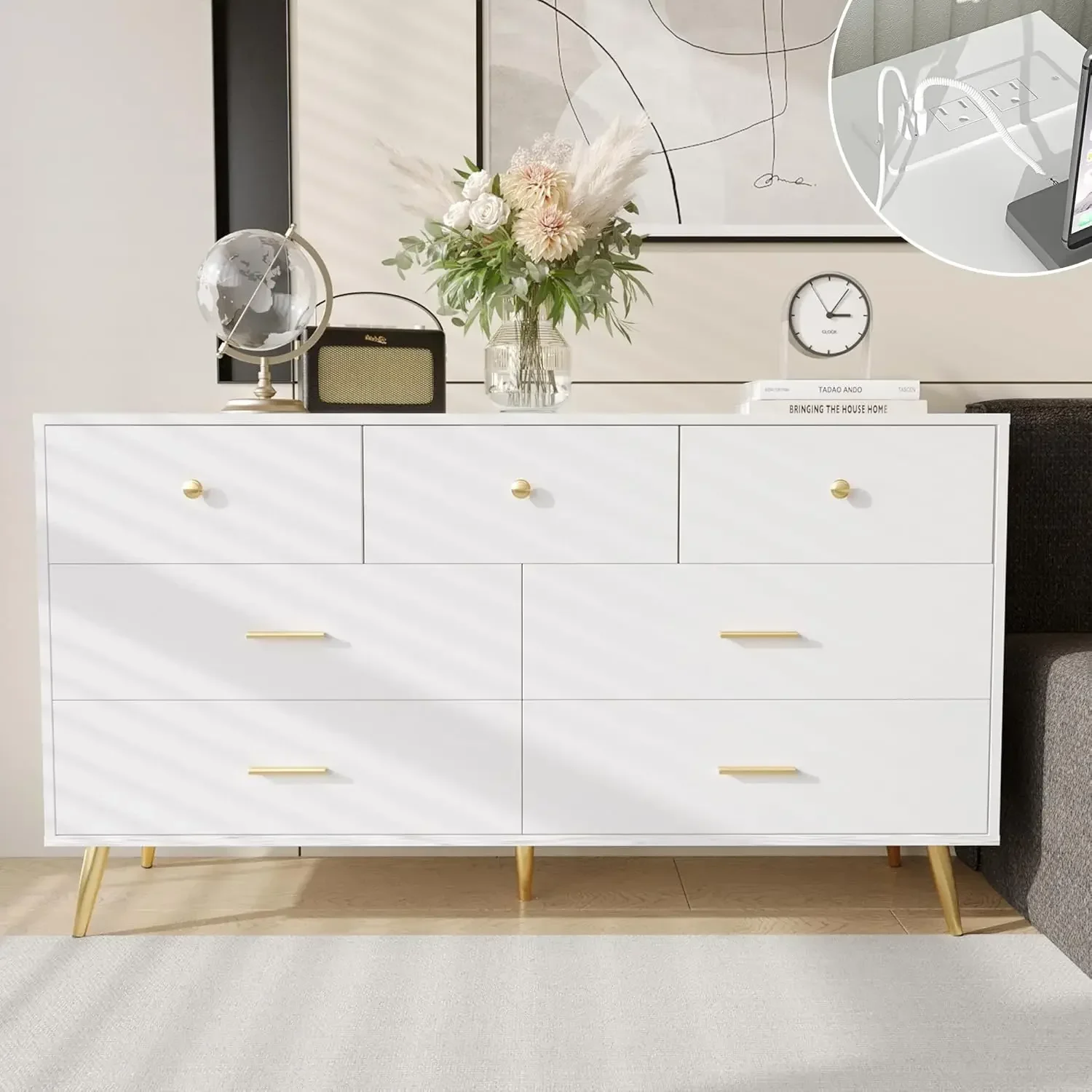 White 7 drawer dresser with charging station and gold handles