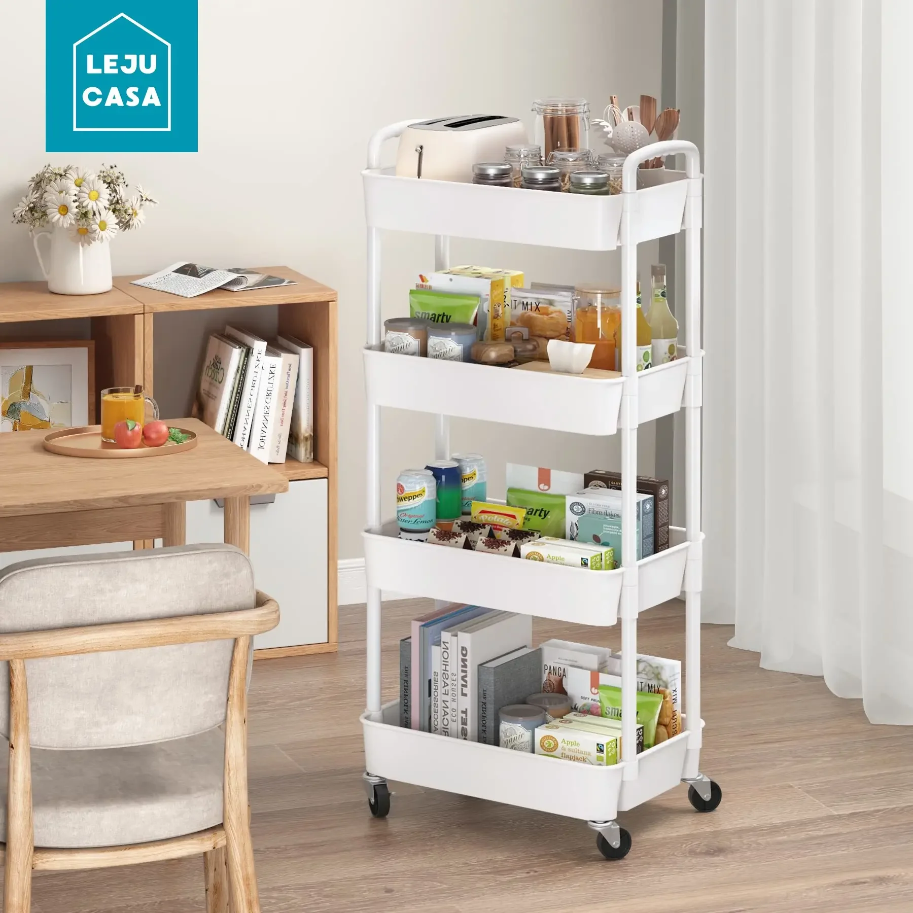Muti-Tier Rolling Utility Cart Buckets Hooks Book Storage Rack Brakes Easy Assembly Kitchen Office Bathroom storage rack