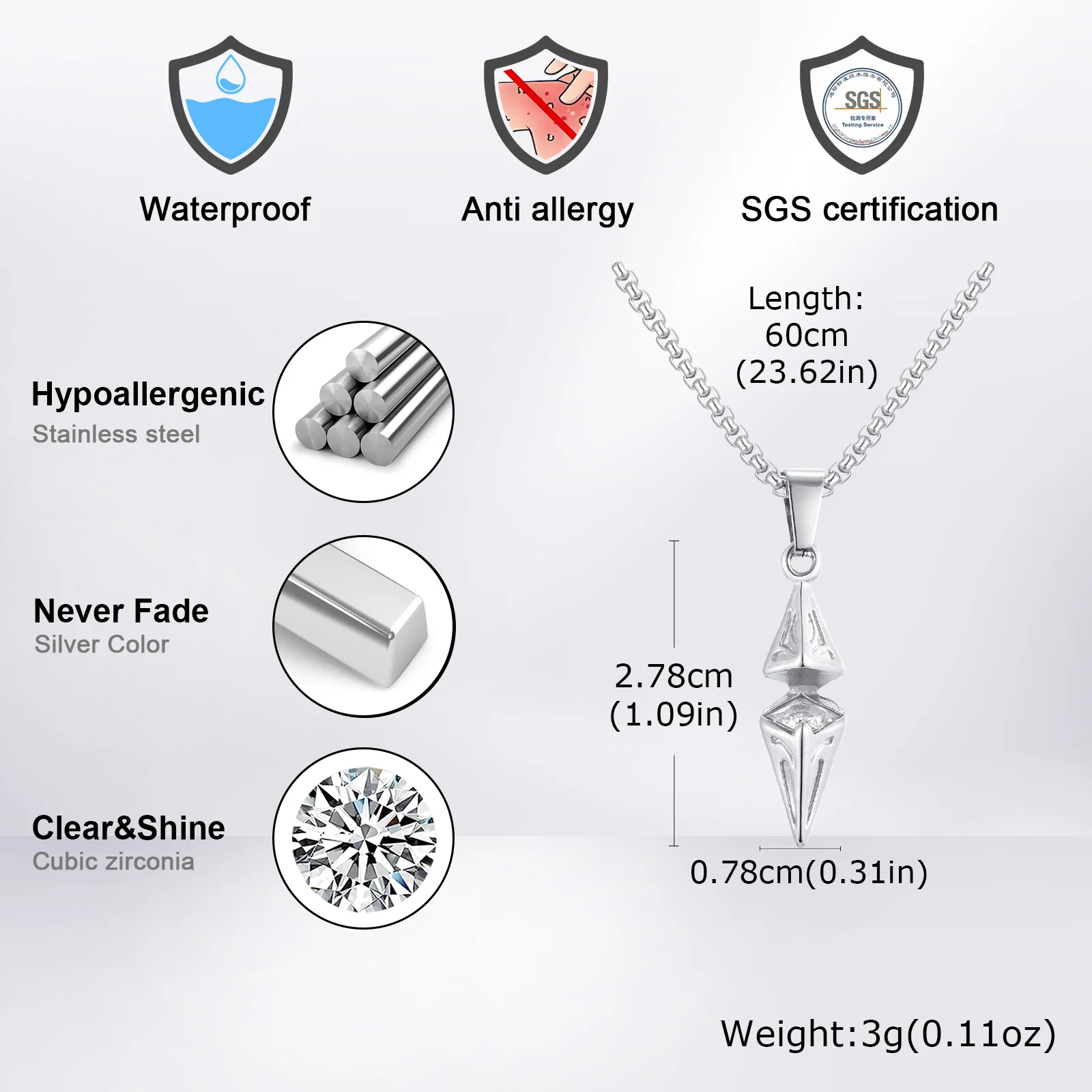 Für Männer Edelstahl Rhombus Zirkon Anhänger Halskette, Mode Geometrische Lange Kette Halskette Neu In Punk Schmuck Für Männer Frauen – Detail 10