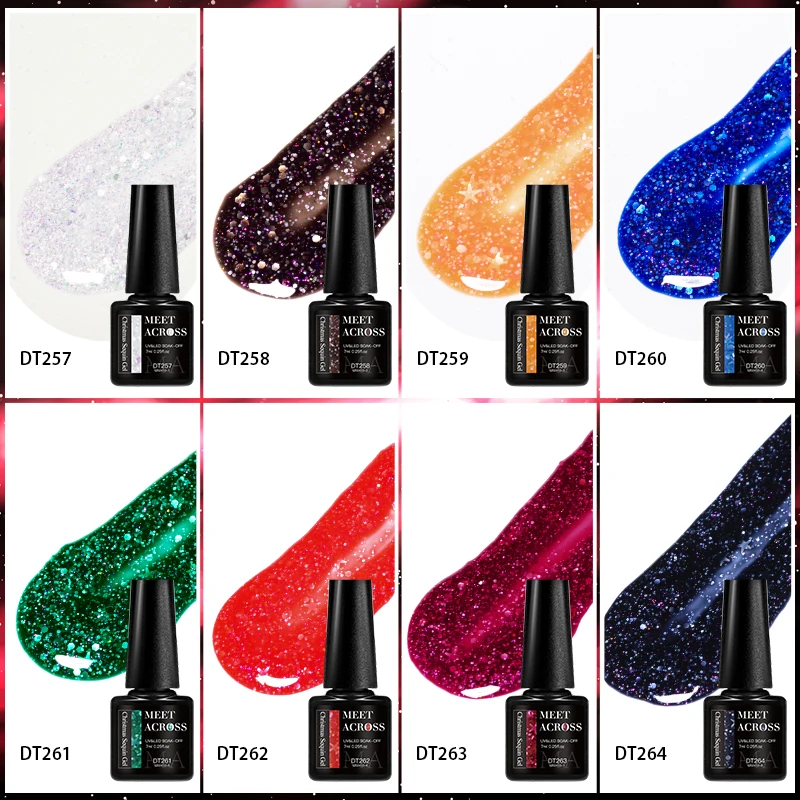 MEET ACROSS 7ml Blue Green Snowflake Sparkly Gel Nail Polish Glitter Sequins Nail Art Painting UV Gel For Manicure Vernis Design