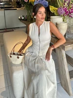 فستان طويل نسائي بدون أكمام أحادي اللون ، رقبة حرف V ، سحاب ، نحيل ، قطن ، فساتين كتان ، أنيق ، تنقل ، مكتب ، سيدة ، صيف ، موضة ، 1