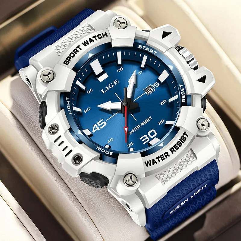 LIGE Luxury Men's Quartz Wristwatch Fashion Blue Silicone Waterproof Big Dial Watch Men Military Sports Luminous Watches For Men