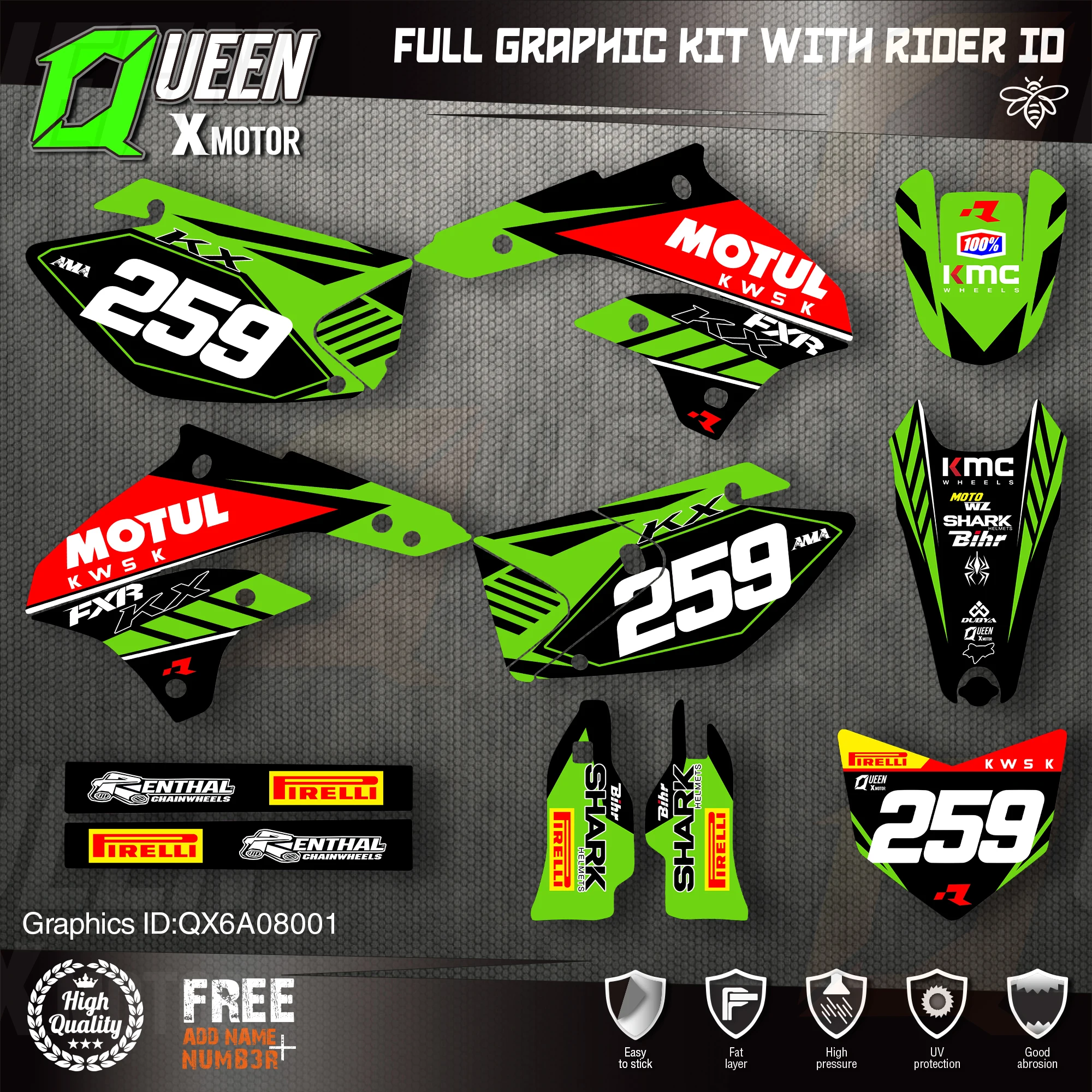 

Queen X MOTOR Custom Team Graphics Decals Stickers Kit For Kawasaki Decal 2008 2009 2010 2011 2012 2013 KLX 450 001