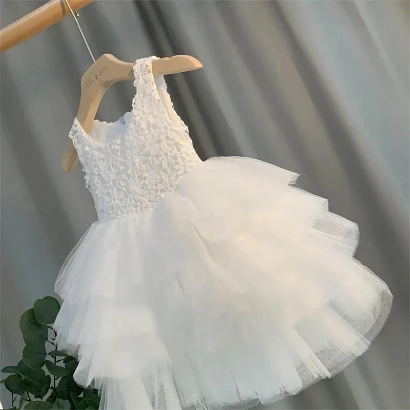 

2024 Summer Girl Baby Sleeveless Vest Children White Wedding Dress Tulle Skirt Little Girl Princess Dress Kids Dance Dress