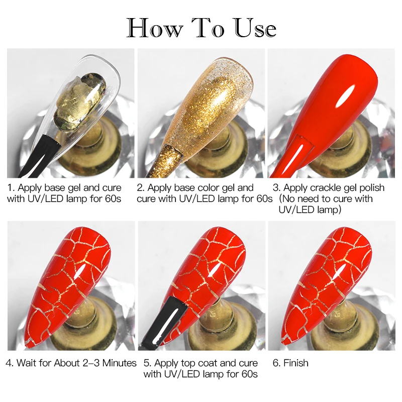 Mtssii 7ml Crackle Gel Nail Polish Cracking Nail Gel Lacquer Quick Dry Nail Art Varnish Semi Permanent Soak Off Base Top Coat 6