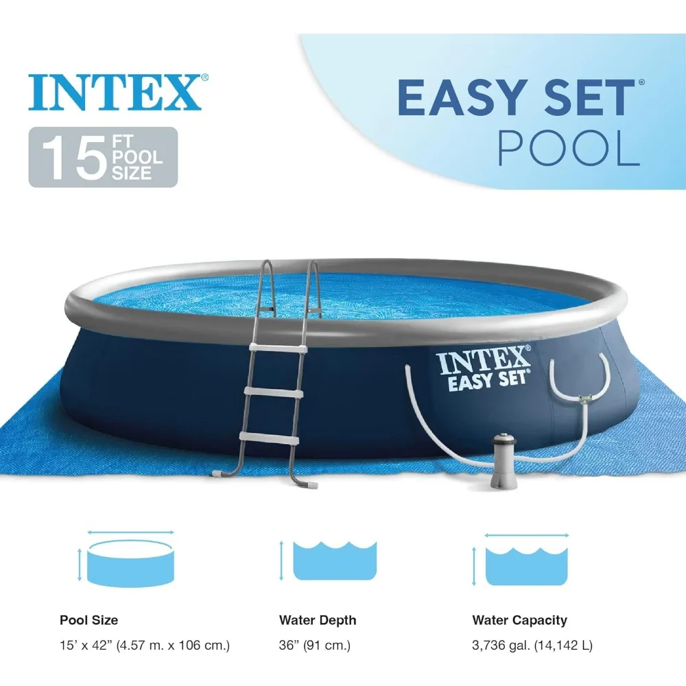 Easy Set 15' x 42" Round Inflatable Outdoor above Ground Swimming Pool Set with 1000 GPH Filter Pump, Ladder