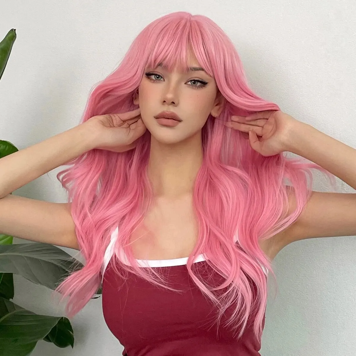 Light Pink Synthetic Hair Wigs Long Wavy Natural Hair Wigs with Bangs for Women Cosplay Lolita Wig Heat Resistant_voghion.com