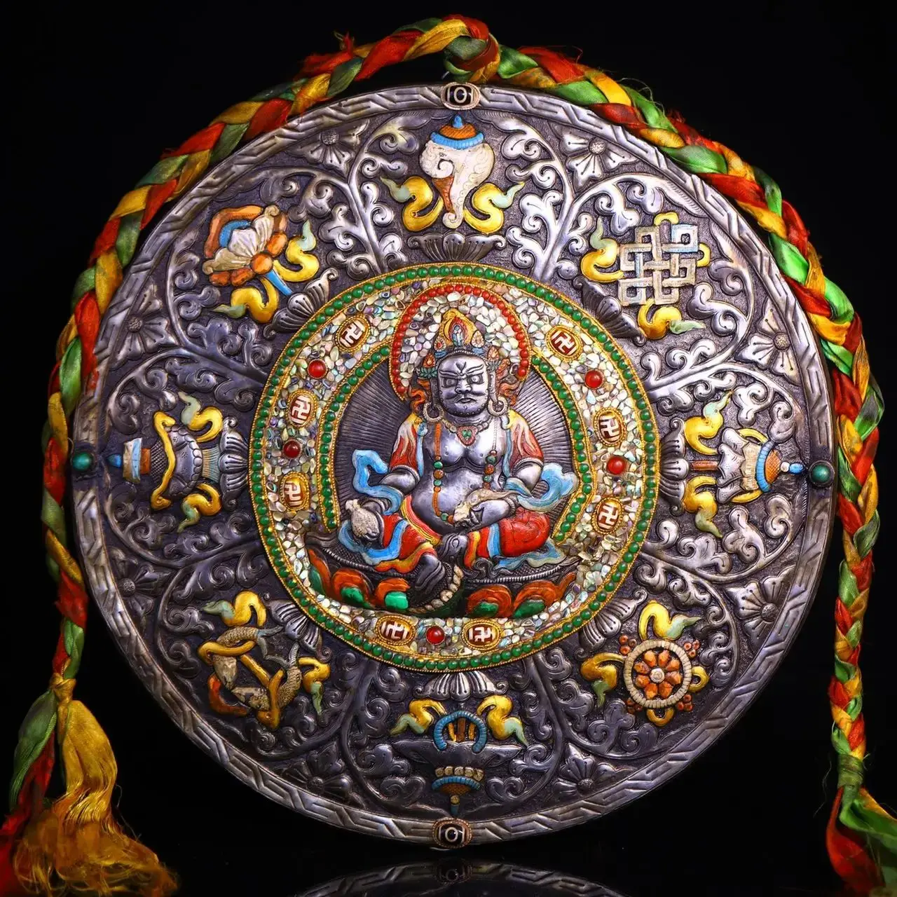 

16"Tibetan Temple Collection Old Tiantie Painted Mosaic Gem Yellow Jambhala Buddha Eight Treasure Pattern Thangka Worship Hall