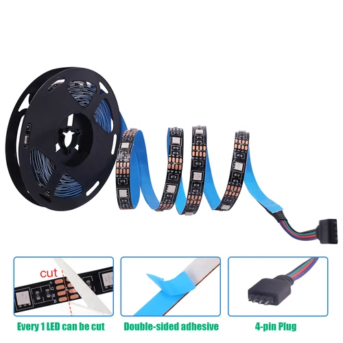 5v 5050 RGB LED 스트립 조명, 유연한 테이프 램프, 방수 50cm 1m 2m 3m 4m 5m, 4 핀 플러그 포함, 흰색/검정색 PCB 홈 데코레이션 5