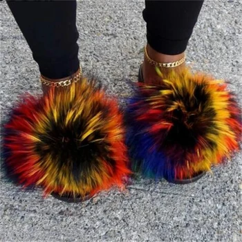 Fluffy Furry Fur Slippers Real Fox Fur Slides For Women Summer PVC Sole Flip Flops Sandals Woman Open Toe Shoes Slippers 1