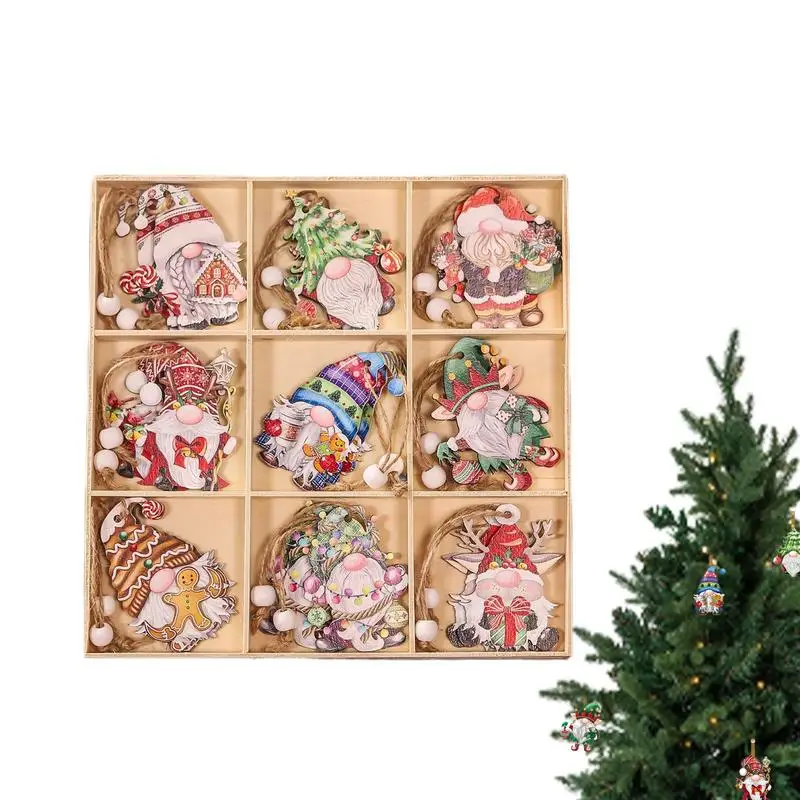 

Деревянные гномы для елки, рождественские украшения, девять квадратных сеток, мультяшная деревянная кукла, подвесное украшение для рождественской елки