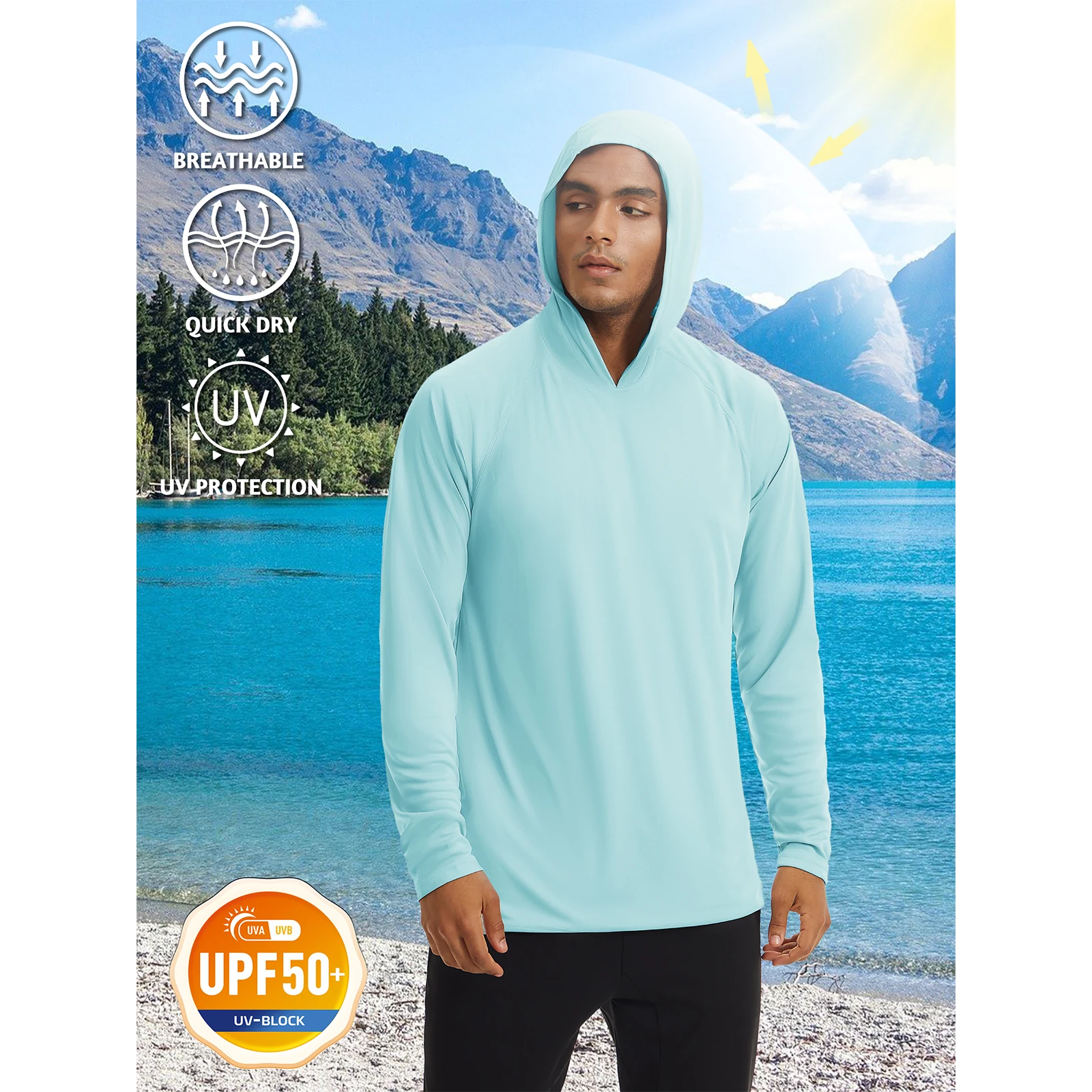 Camicia Uomo UPF 50+ Maniche Lunghe Con Cappuccio - Protezione Solare UV Per Ciclismo E Outdoor - Blu Taglia L