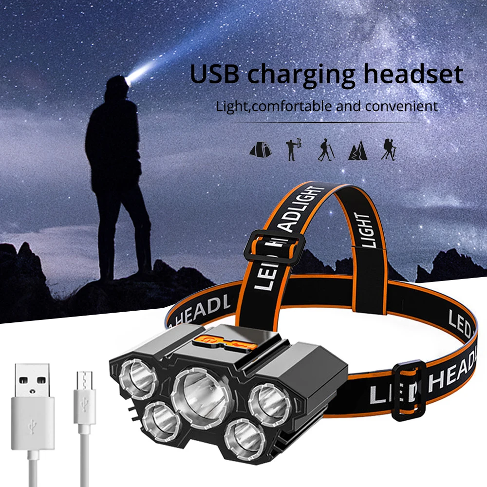 

5Heads Flashlamp USB Charge LED Strong Headlight Super Bright 5W HeadMounted Flashlights for Outdoor Night Fishing Foot Camping