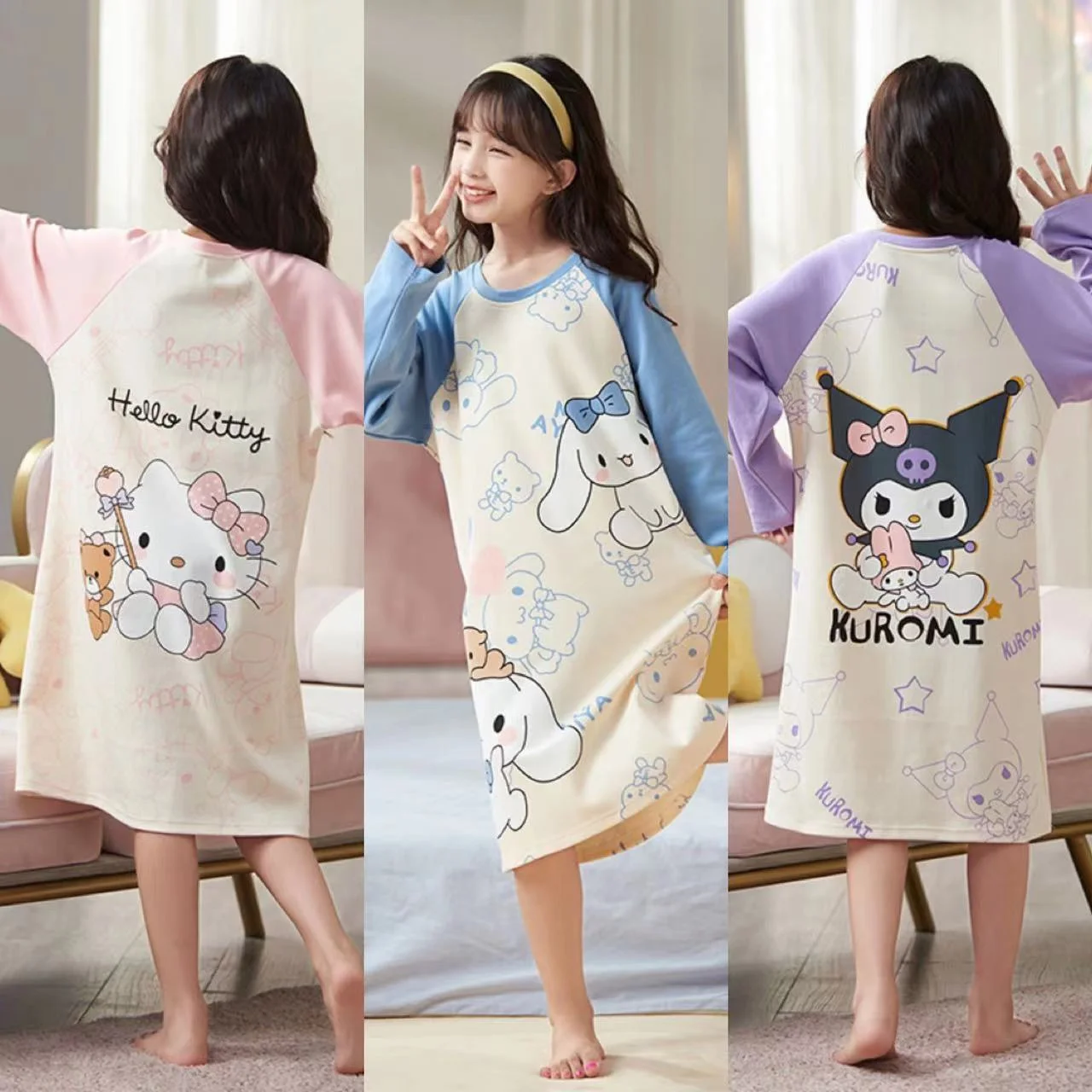Kawaii Sanrio Children Cartoon Nightgown Hello Kitty Cinnamoroll Pochacco Anime Kuromi New Fall Girl Cotton Breathable Nightgown