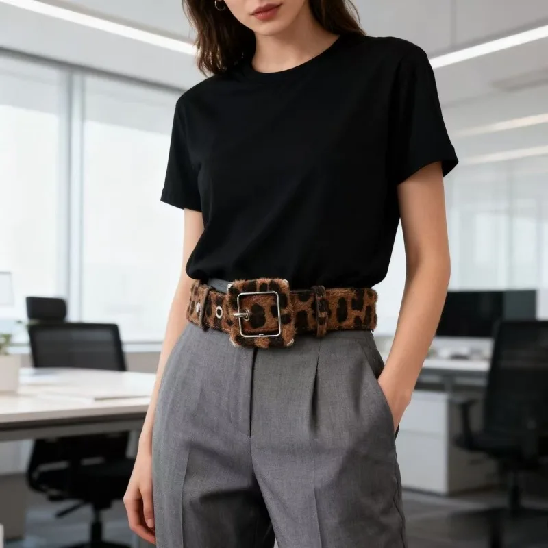 Boho Faux Leopard Print PU Belt - Adjustable Slim Waist Definition for Dresses & Bohemian Outfits, Vegan Leather Strap