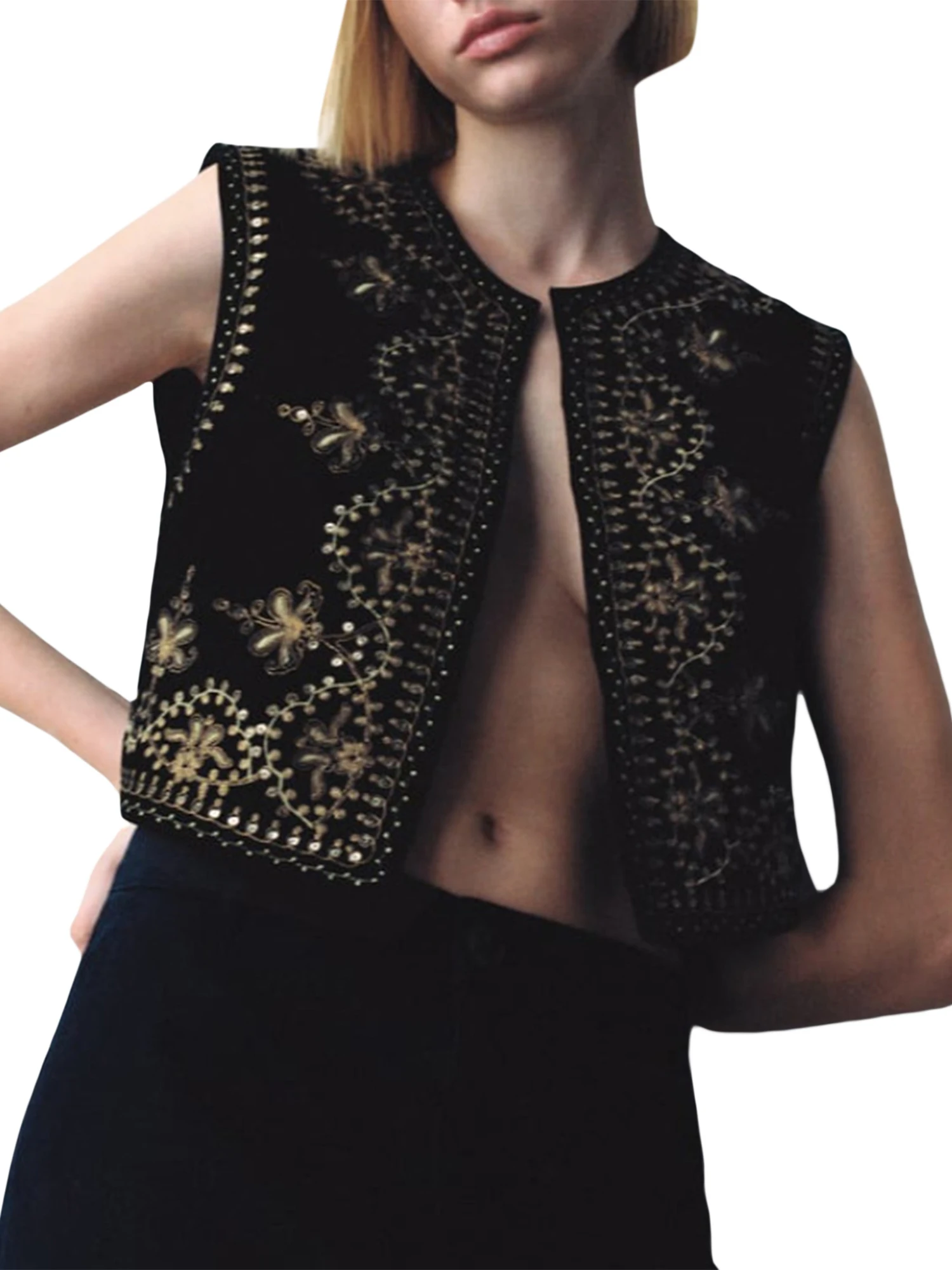 

Women s Open Front V Neck Sleeveless Knit Sweater Vest Embroidery Floral Gilet Tank Tops - Elegant Layering Essential for