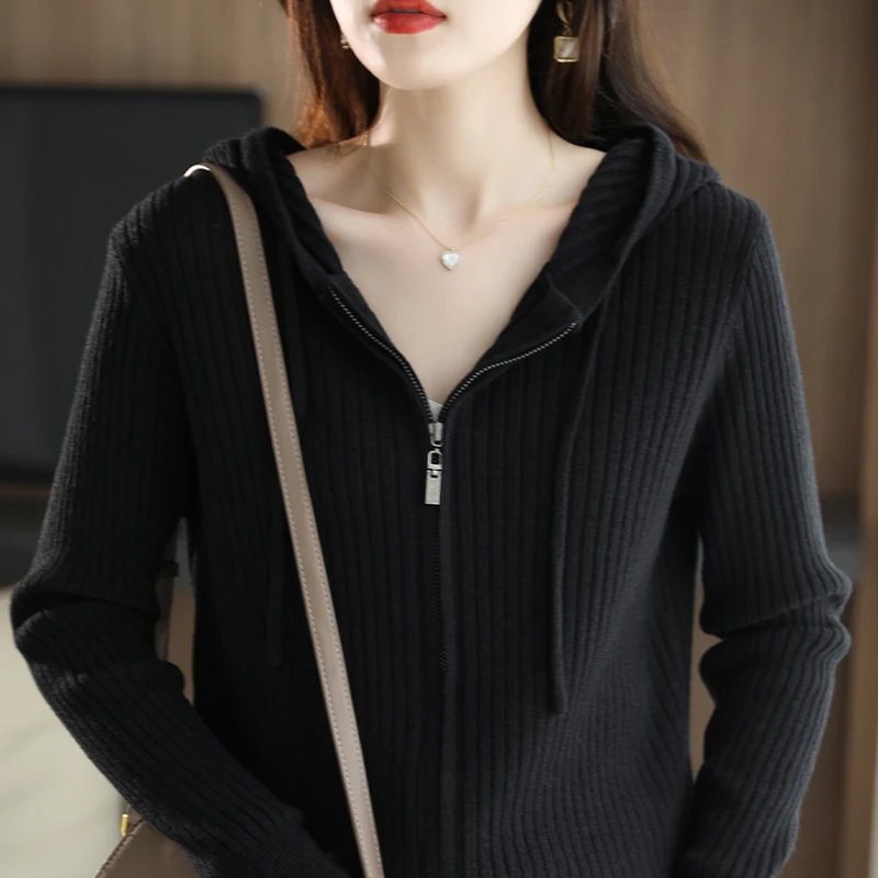 가을 겨울 후드 니트 가디건 스웨터, 여성 스웨터, 넉넉한 캐주얼, 단색, 조커 울, 보터밍 후디
