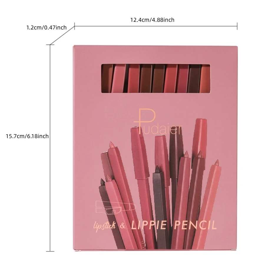 Pudaier 12-Color Lip Liner Pen Set, Long-Lasting, Waterproof, Sweatproof, Easy Blend, Non-Fade, Natural Berry Tones, Crayon Form 6