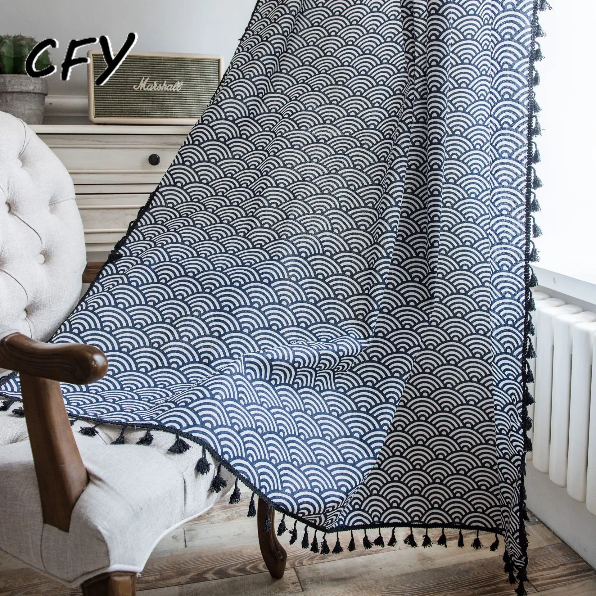 

Cotton Linen Curtain Japanese-style Navy Blue and Style Print Curtain Semi-shading Bay Blackout Window Bedroom Living Room
