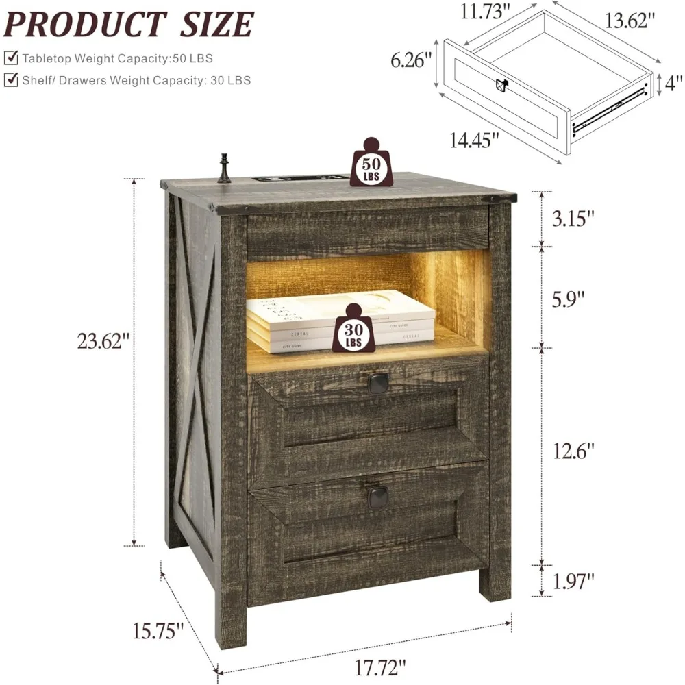 LED Nightstand with Gun Storage Drawer and Hidden Lock, Modern Sensor-Activated Bedside Table with Rustic Style