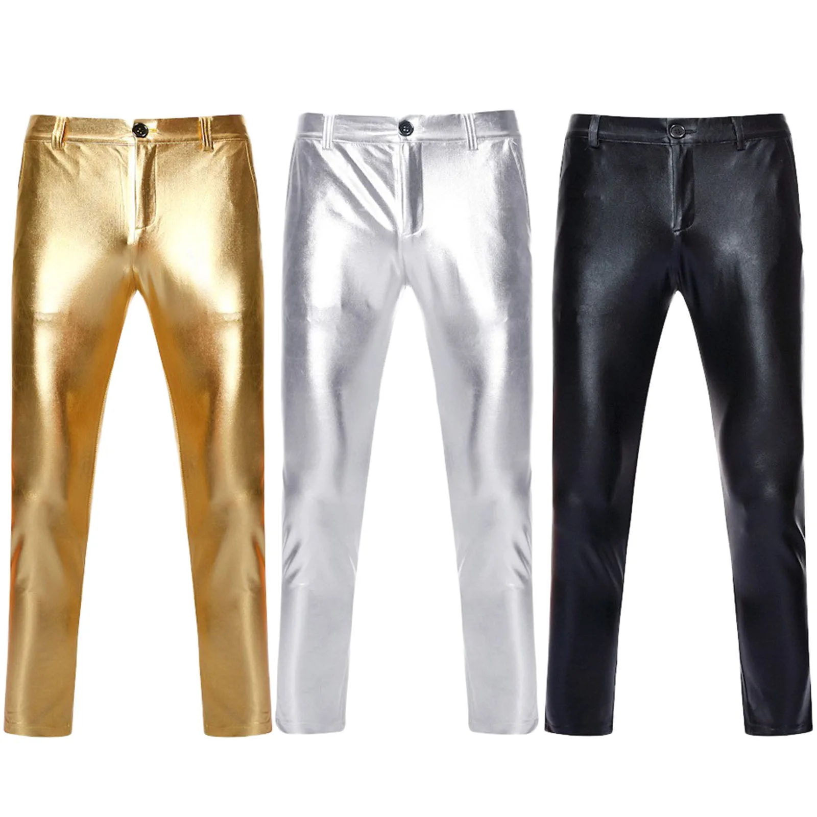 PU Leather Pants Men Brand Skinny Shiny Gold Coated Metallic Pants Trousers Nightclub Stage Perform for Singers