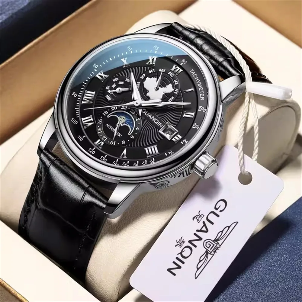 GUANQIN Reloj de pulsera mecánico de cuero luminoso con cristal de zafiro y fase lunar para hombre, relojes deportivos, reloj de pulsera automático multifunción_voghion.com