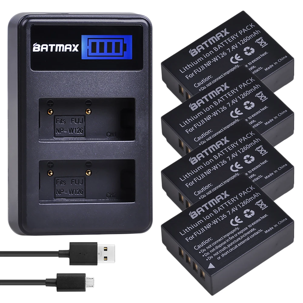 

Batmax 4Pc NP-W126 NPW126 Battery+LCD USB Dual Charger for Fujifilm FinePix HS30EXR HS33EXR X-Pro1 X-E1 X-E2 X-M1 X-A1 X-A2