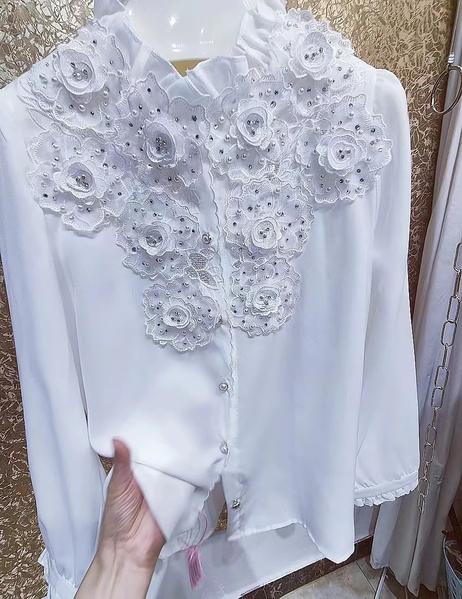 High Luxury Heavy Pearl Diamonds Flowers Stitch Blouse Shirt