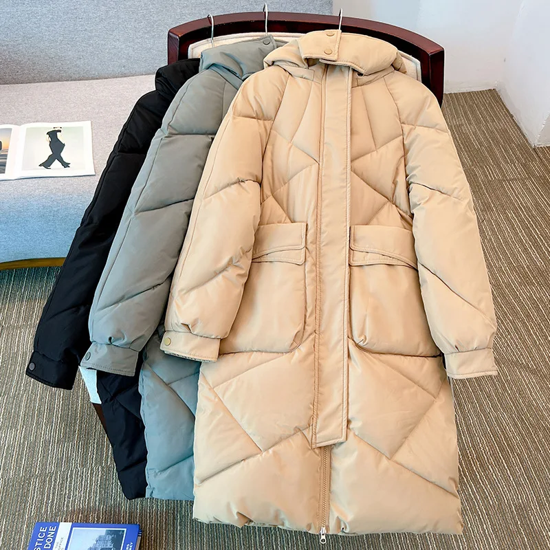 

Женская зимняя длинная куртка, новинка зимы 2023, свободное модное хлопковое пальто с капюшоном, утепленное холодное пальто выше колена