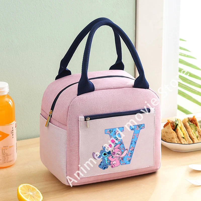 thumbnail image 1 of Bolsas térmicas para almuerzo para niños de Stitch Disney, loncheras con letras de la A a la Z, bolso de mano grueso y hermético, regalos de cumpleaños de dibujos animados de anime, 1 of 5