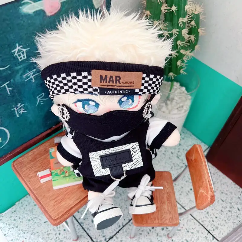 

In Stock 20cm 5pc/set No Attribute Doll Clothes Plush Dolls Outfit Cool Gear Dark Set Hairband T-shirt Mask Vest Pants Cos Suit