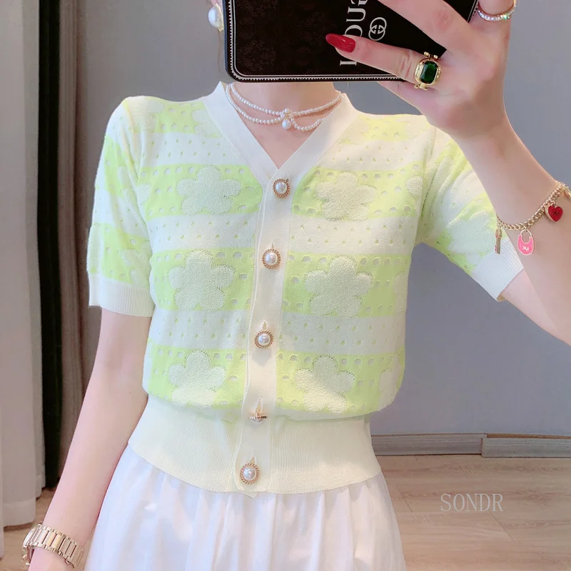 

2022 Summer Cardigan Women Green Hollow Out Jacquard V-neck Sweater Cardigan Crop Top Thin Short Sleeve Cardigan Women Summer