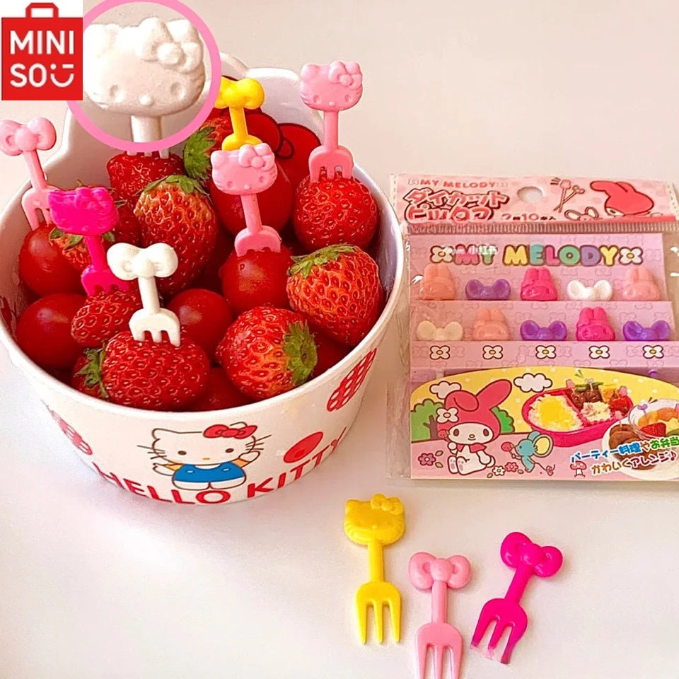 

Hello Kitty Cartoon Plastic Fruit Fork Melody Bow Dessert Snack Reusable Children's Lunch Mini Fork Set Fruit Plate Decoration