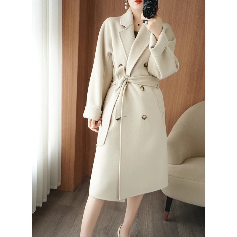 Luxe Wool Waist Tie Side Pockets Midi Length Coat