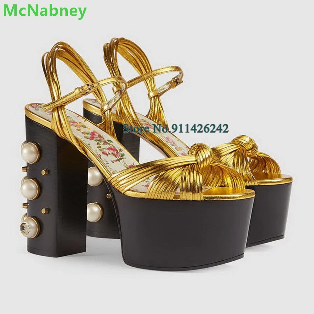 

Pearl Sqaure Heel Platform Weave Rivet Sandals For Female Women Slingback Elegant Ankle Buckle Strap Shallow Fashion Dress Shoes