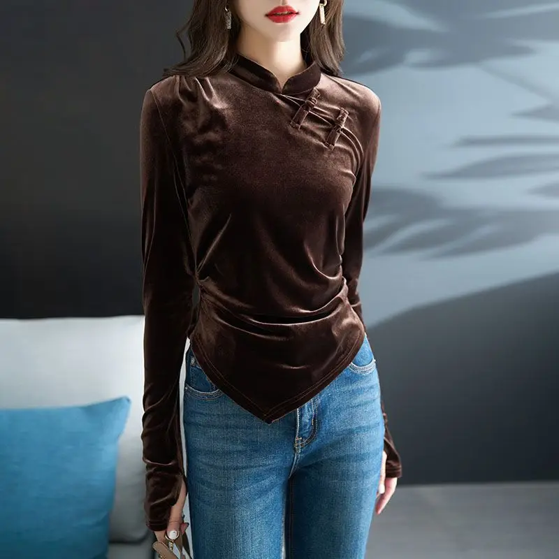 

2024 new Chinese style buttoned bottom shirt for women irregular light Chinese style gold velvet top women vintage daily blouse