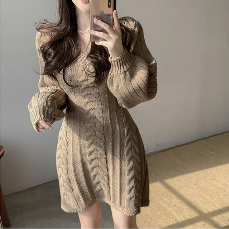 New Gentle and Sweet Women's V-neck Long-sleeved Slim-fit Dress Knitted Women's Elegant Skirt Fashionable Women's Clothing