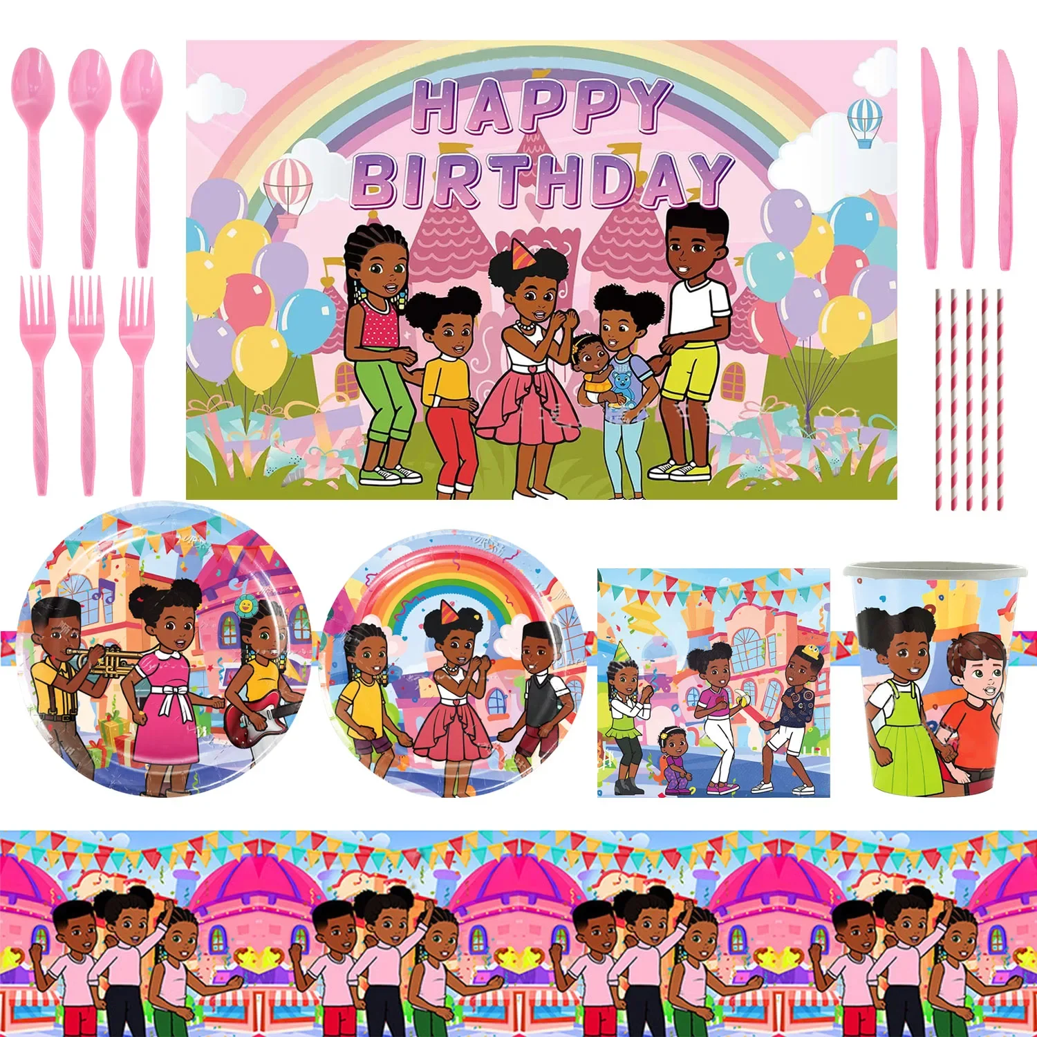 

Disney Pink Black Girl Gracies Themed Birthday Party Decoration Supplies Disposable Cutlery Balloon Background Baby Shower Gift