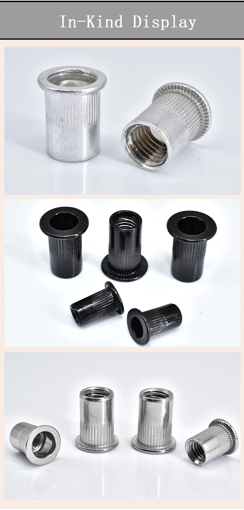 Description Picture 6 of itemM3 M4 M5 M6 M8 M10 304 Stainless/Carbon Steel/Zinc Pop Rivet Nut Flat Head Threaded Nuts Metal Aluminum Alloy Flange Rivet Nuts