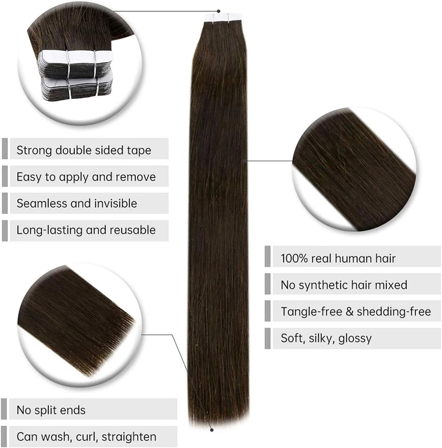 테이프형 헤어 익스텐션 블랙 헤어 내추럴 스트레이트 리얼 레미 헤어 테이프 접착제 100% 인모 테이프형 익스텐션