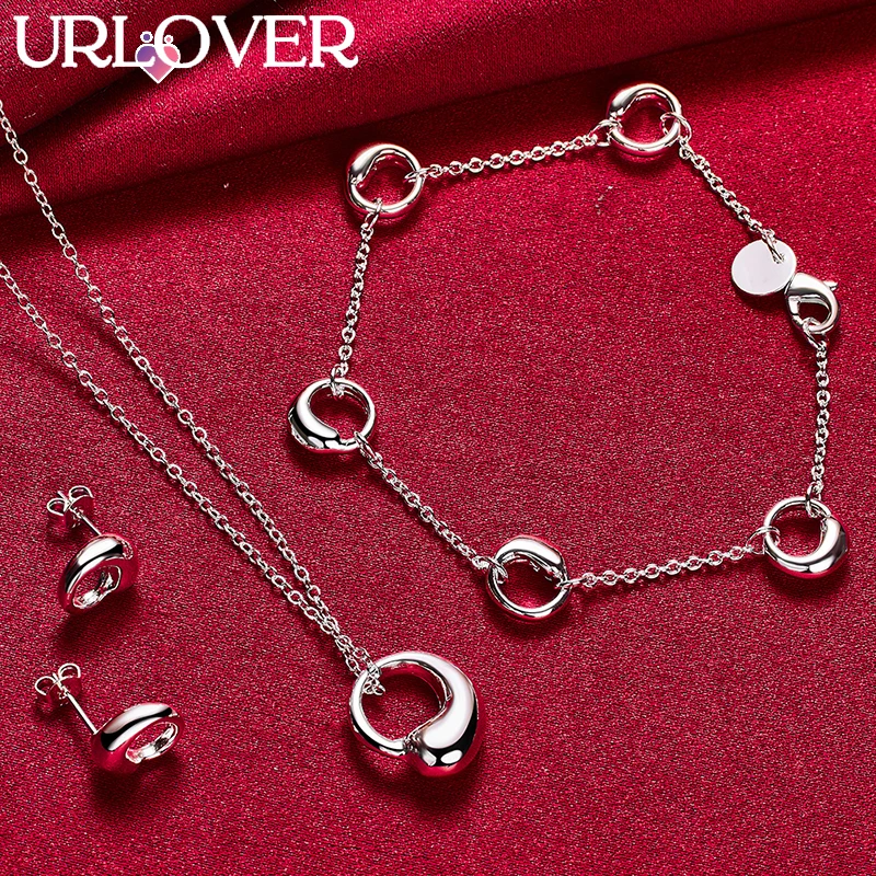 

URLOVER 925 Sterling Silver Water Droplet Chain Necklace Bracelet Earring Set For Woman Party Birthday Wedding Fashion Jewelry