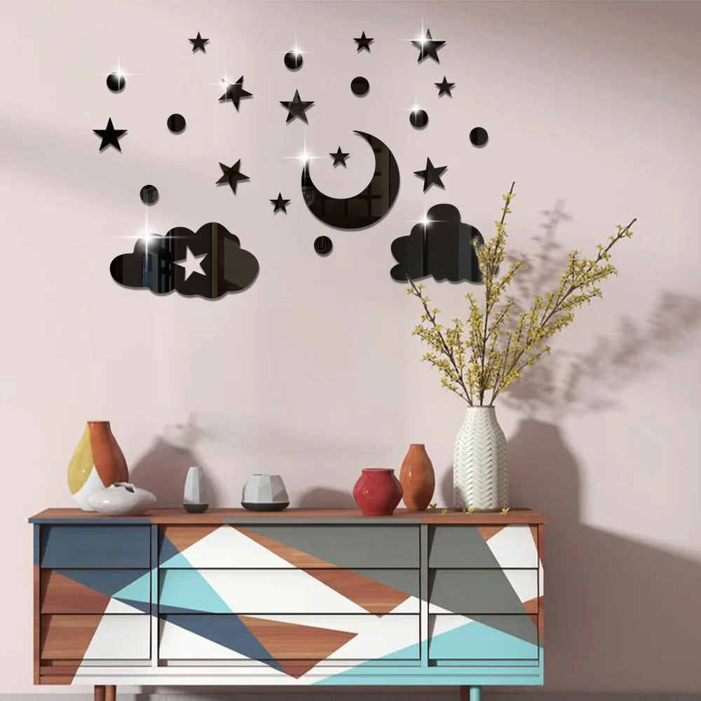 Stars moon clouds mirror 3d three-dimensional decoration wall paste bedroom wall room self-adhesive mirror stickers