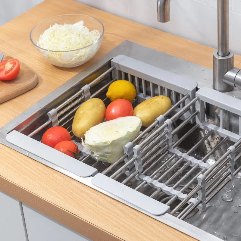 Kitchen Sink Drain Rack Stainless Steel Extendable Dish Drying Rack Drain basket Fruit Vegetable Washing Drainer Storage rack